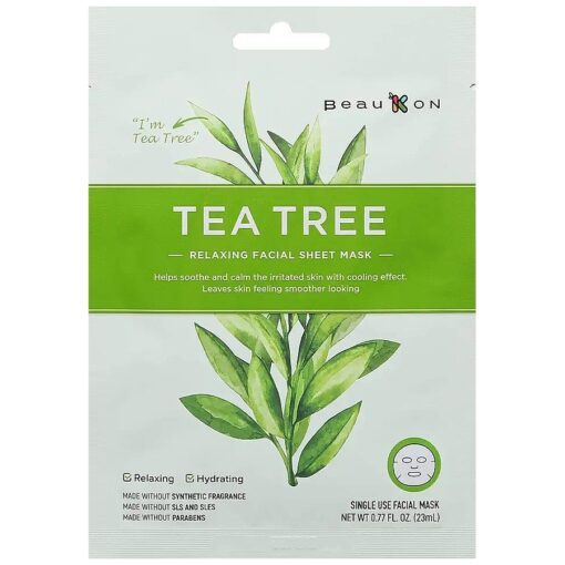 Tea Tree Relaxing Facial Sheet Mask with Centella Asiatica, Korean Daily Face Mask, Hydrating and Relaxing,1 Count ( Pack of 4 )