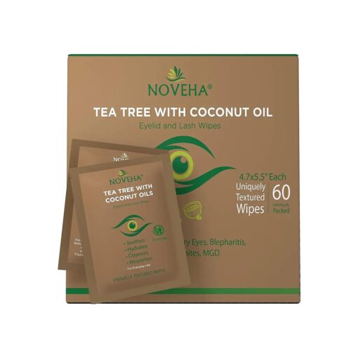 NOVEHA Tea Tree & Coconut Oil Eyelid & Lash Wipes | For Demodex, Blepharitis & Itchy Eyes, Box Of 60 Individually Wrapped Eyelash Wipes With Aloe Vera, Natural Makeup Remover & Daily Eye Cleanser