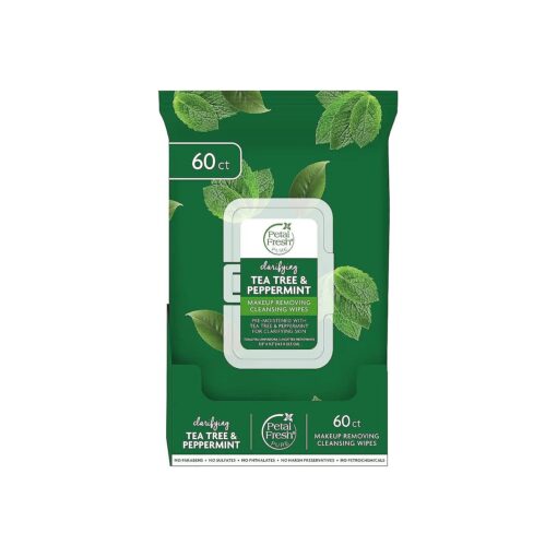 Petal Fresh Clarifying Tea Tree & Peppermint Makeup Removing, Cleansing Towelettes, Gentle Face Wipes, Daily Cleansing, Vegan and Cruelty Free, 60 count