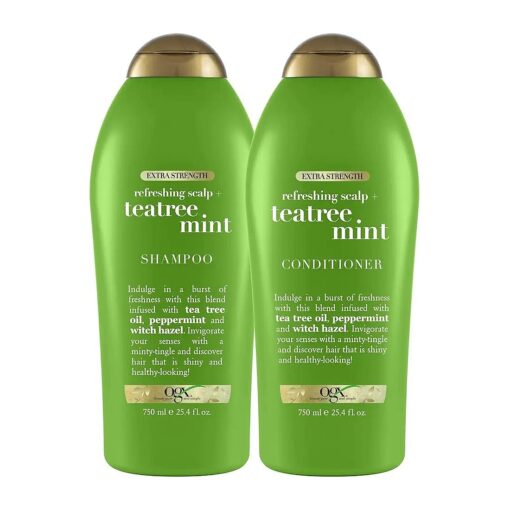 OGX Extra Strength Refreshing Scalp + Teatree Mint Shampoo, Invigorating Scalp Shampoo & Conditioner with Tea Tree & Peppermint Oil & Witch Hazel, Paraben-Free, Sulfate-Free Surfactants, 25.4 Fl Oz