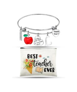 2 Piece Teacher Appreciation Gift for Women Teachers ' Day Gift with Teacher Makeup Pouch Cosmetic Bag and Teacher Bangle Bracelets with Initial, Thank You Gifts for Teacher