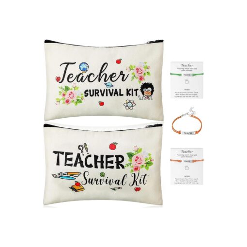 4 Pieces Teacher Appreciation Present Set Included Teacher Survival Kit Bag Makeup Pouch Pencil Bag and Teacher Blessing Card Bracelet, Teacher Cosmetic Bag Kit ( Simple Style, 7.9 x 5.3 Inches )