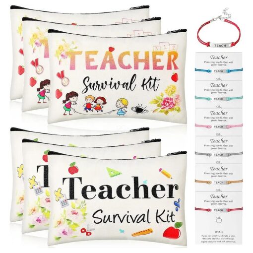 12 Pieces Teacher Appreciation Present Set 6 Teacher Survival Kit Bag Makeup Pouch Pencil Bag, 6 Teacher Blessing Card Bracelet, Teacher Cosmetic Bag Kit for Teacher 's Day ( Chic Style,7.9 x 5.3 Inch )