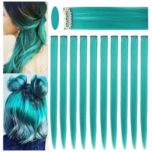 Teal Wig Pieces Colorful Party Highlights Clip in Coloured Hair Extensions Multicolors Straight Synthetic Hairpieces for Women Kids Girls