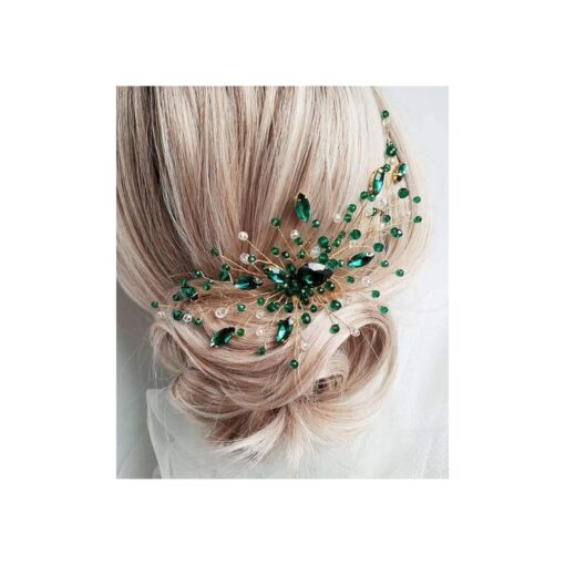 Women Bridal Teardrop Emerald Green Crystal Hair Comb Wedding Hair Accessory Rhinestone Hair Piece Gift for Her Party Headress for Bride Bridesmaid Girls ( Gold )