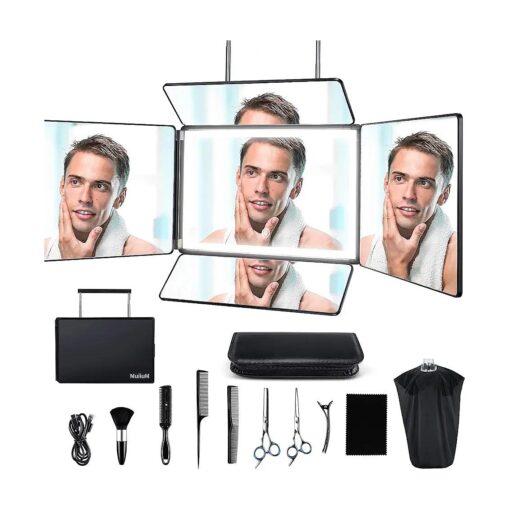 5 Way Mirror for Self Hair Cutting, 360 Mirror for Braiding, 5 Sided Barber Mirrors with Light, Makeup Mirror with Adjustable Telescoping Hooks, DIY Haircut Tool are Good Gifts for Men Women