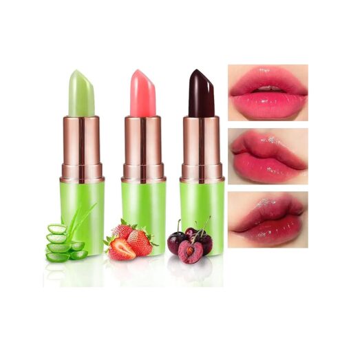 BINGBRUSH Color Changing Lipstick Queen, PH Mood Long Lasting Lip Gloss Korean Lip Balm Tinted Magic Makeup Moisturize Lipstick Set ( 3Pcs Aloe+Strawberry+Cherry, 3 Count ( Pack of 1 ) )