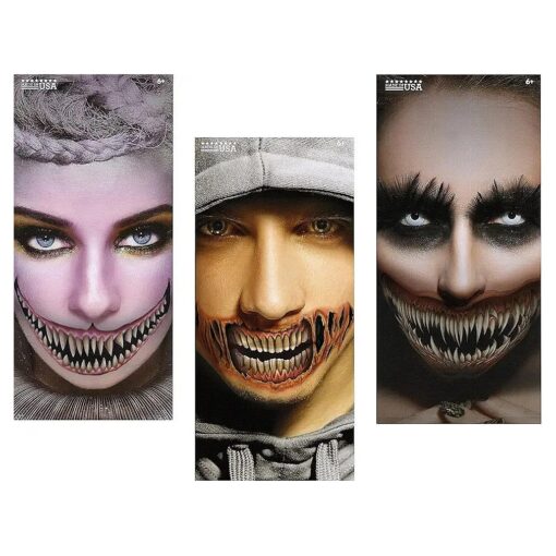 Realistic Temporary Costume American Made Make Up Face/Body Tattoo Kit Men or Women ( 3D Scary Smile with Sharp Teeth ) - 4 Kits