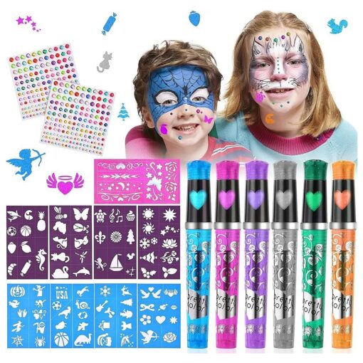 Temporary Tattoo Pen, 6 Glitter Tattoo Pen Kit with 9 Stencils and 2 Rhinestone Stickers, Shimmery Body Tattoo Markers for Kids Birthday Party Dress Up