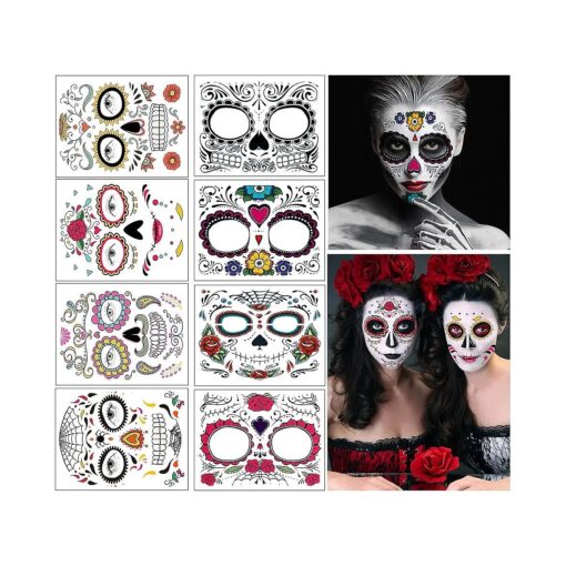 Temporary Face Tattoo, 8 Kits Tattoos Sugar Skull Stickers Day of The Dead Makeup, Face Tattoo Rose Design for Halloween, Masquerade and Parties