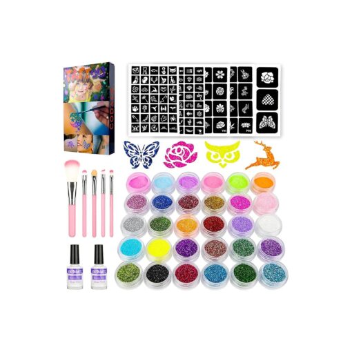 Temporary Glitter Tattoos Kit for Kids, 24 Large Glitter Colors & 6 Fluorescent Colors, 105 Stencils, Body Glitter Nail Art Glow in Dark Tattoo, Body Glitter Festival Party with 5 Brushes 2 Glue