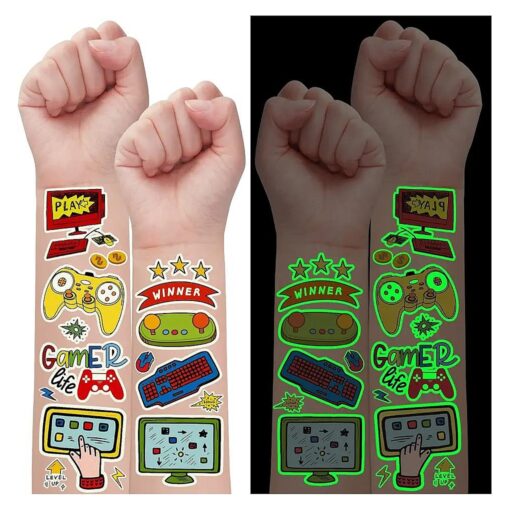 Partywind Luminous Video Game Party Supplies Temporary Tattoos for Kids, 158 Styles Glow Gamer Gaming Birthday Decorations for Boys Party Favors, Fake Tattoo Stickers Gifts for Gamer