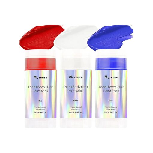 Mysense Red White and Blue Clown Face Body Paint Stick, Water Based Temporary Hair Color, Patriotic USA Flag Pride Face Paint for Memorial Day,4th of July, Halloween SFX Cosplay Joker Makeup,0.5oz/pc