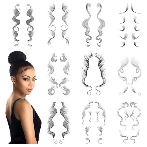 Onpep 10Pcs Baby Hair Tattoo Stickers 10 Styles Temporary Bangs Tattoos Edges DIY Hairstyling Hair Tattooing Template Curly Hair Stickers Waterproof Lasting Makeup Tool for Women