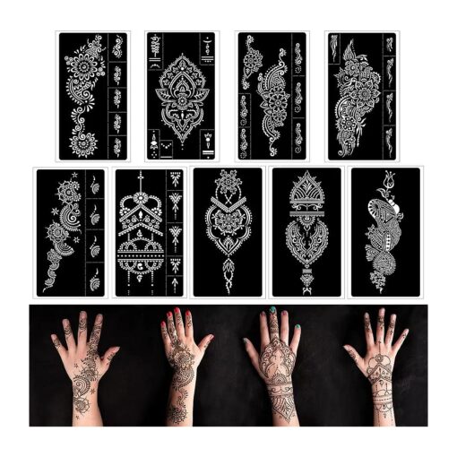 Henna Tattoo Stencils kit, Reusable Henna Stencils for Hand Forearm Glitter Airbrush DIY Tattooing Template, Indian Temporary Tattoo Stickers for Women Girls ( 8.2" x 4.7" )