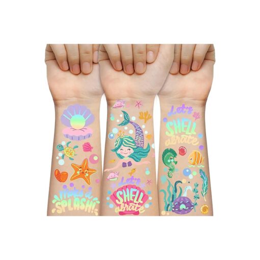 Mermaid Temporary Tattoos for Kids, 85+ Glitter Fake Tattoo, Pirate, Bluey, Dinosaur, Paw Patrol Sleeve Tattoos, Ocean Creatures & Animal, Birthday Party Gift for Boy & Girls Stickers