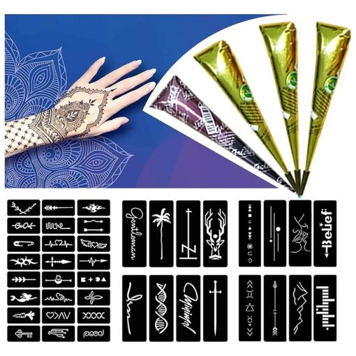 4 Pcs 3 colors Temporary Tattoo With 40 Pcs Tattoo Stencils Set, Stickers for Body Art Painting, Black Brown Maroon