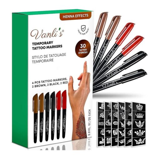 Temporary Tattoo Markers for Skin With 30 Unique Tattoo Stencils, Black, Red and Brown Tattoo Pens for Skin Temporary, Skin Safe, Great Stocking Stuffer For Kids, Teens and Adults