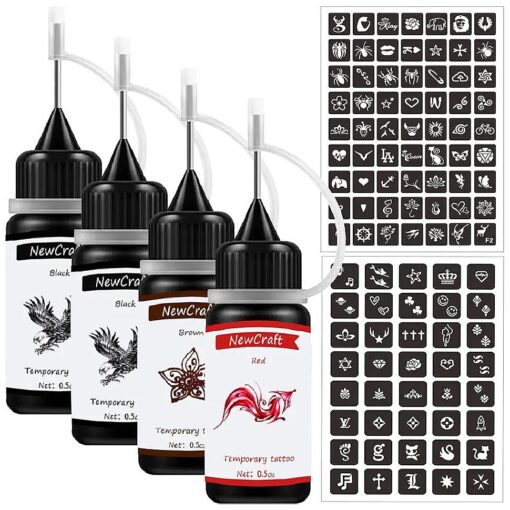 Temporary Tattoos Kit, Permanent Tattoo, 4 Pcs with Three Colors, DIY Tattoos, Full Kit 103 Pcs Adhesive Stencil for Women Kids Men Body Markers - 4 Bottles ( Black * 2/Red/Brown )