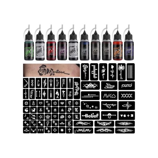 STIGMA Temporary Tattoo Kit 10 Bottles Color Inks, 84 Pcs Stencils Kit for Body Paint DIY Tattoos Temp, DIY Fake Tattoo for Women Kids ( Black * 2, Cyan, Red, Green, Blue, Purple, Brown * 2, Orange )