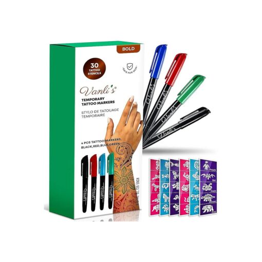 Temporary Tattoo Pens - Stocking Stuffers For Teens, Kids, Adults, Trendy Tattoo Kit, Skin Safe & Colored Ink Tattoo Pens for Body & Face Art with 30 Tattoo Stencil Papers, 4 Pens-Bold