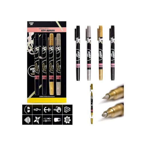 Temporary Tattoo Markers for Skin, 4 Body Markers + 10 Small Tattoo Stencils for Kids and Adults, Dual-End Tattoo Pens Make Bold and Fine Lines with Cosmetic-Grade Temporary Tattoo Ink