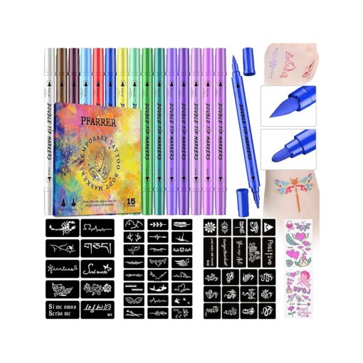 PFARRER Temporary Tattoo Markers for Skin, 15 Body Markers + 56 Large Tattoo Stencils & 2 sheets Glow Stickers for Kids and Adults, Dual-End Tattoo Pens with Bold and Fine Lines safty inkZYH2310001KIT