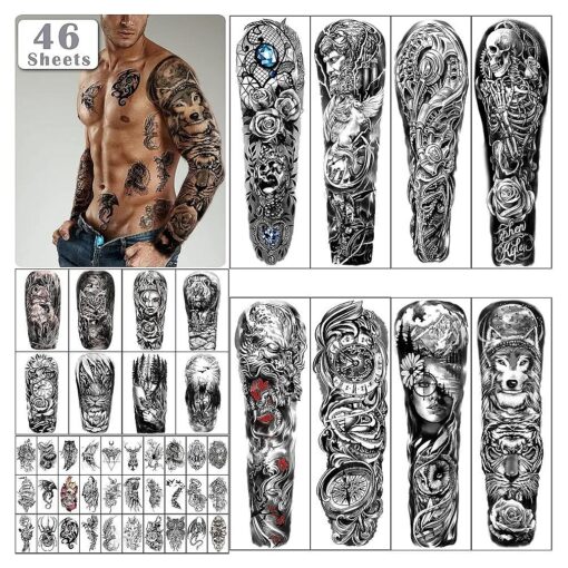 46 sheets Full Arm Skull Temporary Tattoos For Men Half Arm Shoulder Angel Tattoo for Ladies Fake Waterproof Wolf Lion Stone Tattoo Stickers For Adult or Kids