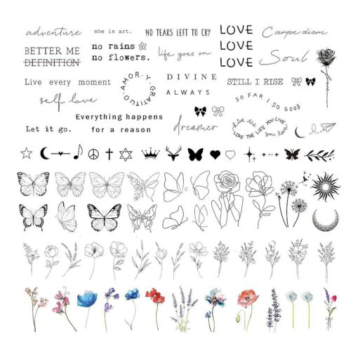 Realistic Temporary Tattoo - 86 Sheets Tiny Small Fake Tattoos, 24 Pcs Inspirational Quotes Words Fake Tattoo, 62 Pcs Long Lasting Wild Flower Floral Bouquet Leaf Adult Fake Tattoos Stickers