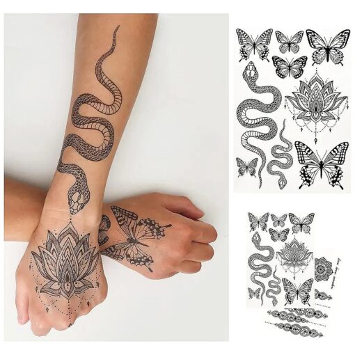 Temporary Tattoos for Adult Women - 2 Sheets - Black Big Snake Butterfly Lotus Mandala Medallion Sexy Small Butterflies Sleeve Words Adults Tattoo