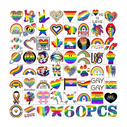 60 PCS Gay Pride Tattoos for Women Adults, LGBT Pride Face Temporary Tattoos for Men, Rainbow Flag Fake Tattoo Stickers Festival Parade Celebrations