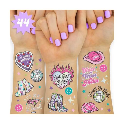 xo, Fetti Birthday Party Decorations Temporary Tattoos - 44 pcs | Fun Bday Girl Party, Older, Wiser, Hotter, HBD, Disco Cowgirl Party, Hot Girl Bday