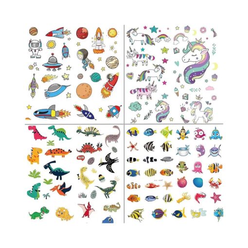 250pcs Temporary Tattoos for Kids Birthday Party - Featured 4 Series of Cute Waterproof Tattoos for Boys Girls, Dinosaurs, Spaceships, Fish, unicorn