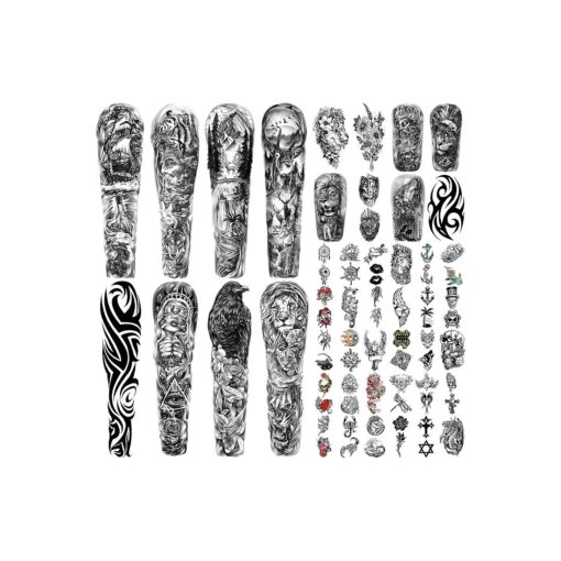 SOOVSY 46 Sheets Full Arm Temporary Tattoo with Lion, Temporary Tattoo Sleeves for Men, Fake Tattoos Adult Realistic with Flower, Full Sleeve Tattoos for Women w/Wolf Eagle & Deer