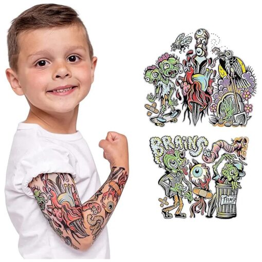 TONY RAY Temporary Tattoo Sleeve | Full Arm Design For Toddlers And Kids 3-12 | Premium, Waterproof, Designed By Real Tattoo Artists ( 3-4Y, Zombies )