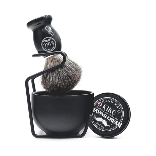 4 in 1 Shaving Set for Wet Shave, Kit includes Hand Crafted Pure Badger Shaving Brush, Stainless Steel Soap Bowl, Shaver Brush Stand, Shaving Cream, Best Gift for Bearded Men, Deluxe Black