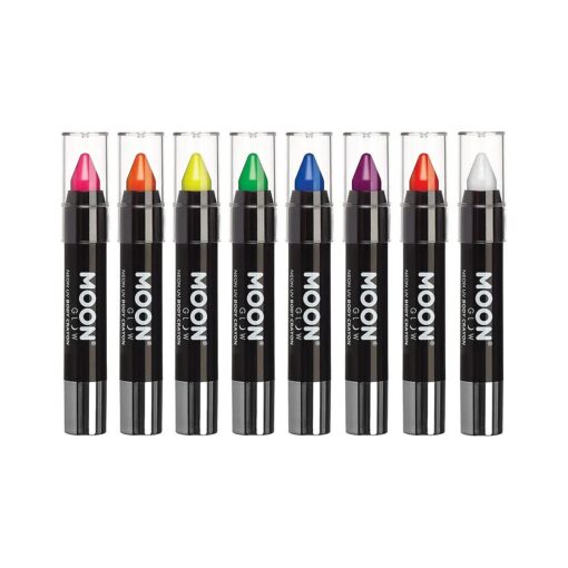 Moon Glow - Blacklight Neon Face Paint Stick / Body Crayon makeup for the Face & Body - Intense set of 8 colours - Glows brightly under blacklights