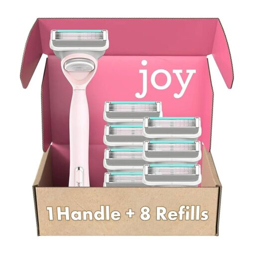 joy Razors for Women, 1 Handle, 8 Razor Blade Refills, Pink, Lubrastrip to Help Avoid Skin Irritation