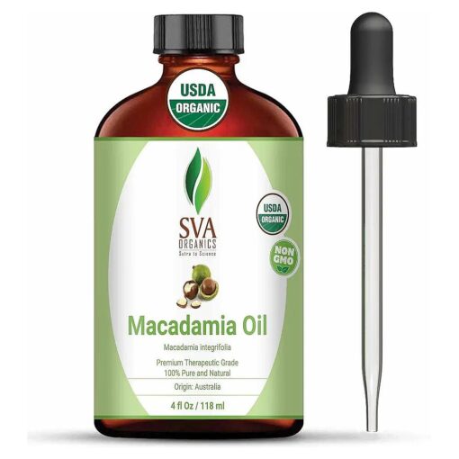 SVA Organics Macadamia Carrier Oil Organic Certified with Dropper - 118 ml ( 4 fl, oz, ) 100 % Pure, Natural, Cold Pressed and Therapeutic Grade for Soft Skin, Strong Hair, Aromatherapy & Massage