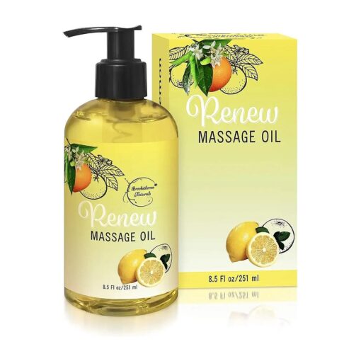 Renew Massage Oil with Orange, Lemon & Peppermint Essential Oils - Great for Massage Therapy or Home use, Ideal for Full Body - with Almond, Grapeseed & Jojoba Oils - by Brookethorne Naturals