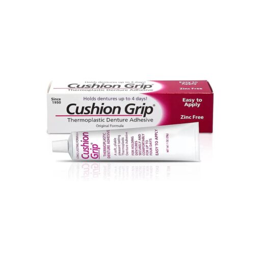 Cushion Grip Thermoplastic Denture Adhesive for Refitting and Tightening Loose Dentures [ Not a Glue Adhesive, Acts Like a Soft Reliner ] ( 1 Oz ) Hold Dentures for Up to 4 Days .