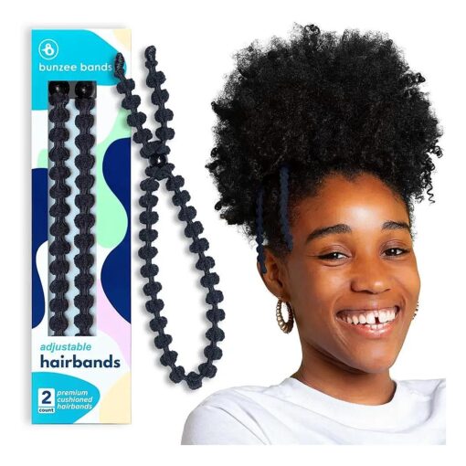 Large Hair Band for Thick, Curly, Natural Hair - Cushioned No Damage Hair Ties Ideal For Braids, Pineapple Hair - Afro Puff Ponytail Holder - Adjustable, Extra Stretchy ( Black 2Pk )