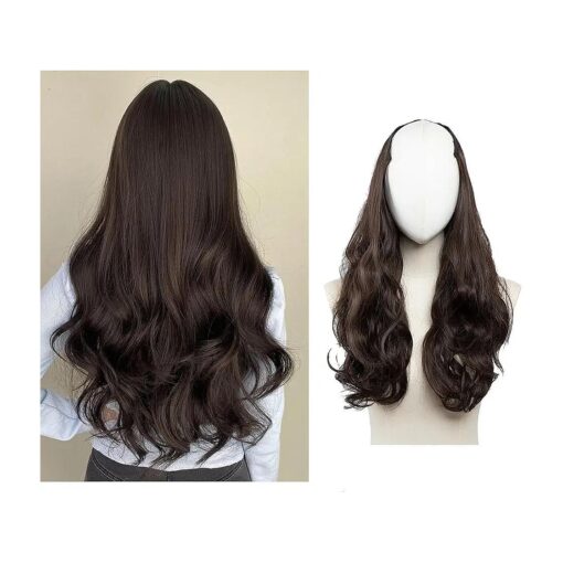 SARLA Dark Brown Clip in U Part Hair Extensions Synthetic Long Wavy Curly Thick Full Head Hairpiece for Women 24 Inch