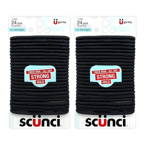 Scunci Thick Hair Black Elastics, All day strong hold No-Damage, 5mm thickness, 24-Pieces per pack ( 2-Pack )