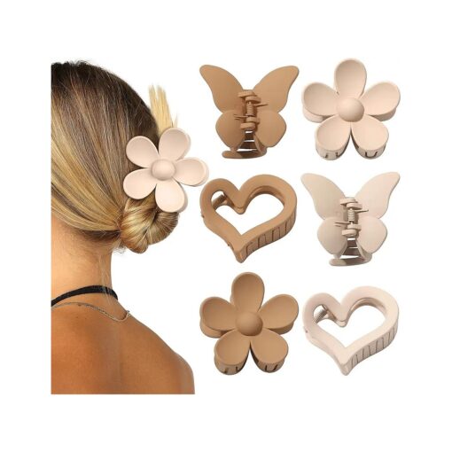 Butterfly Hair Claw Clip 6 Pcs Cute Flower Hair Clips Matte Large Claw Clips for Women Thick Hair Claw Non Slip Heart Clips for Thin Hair Clamps Butterfly Clips ( Butterfly/flower/heart ( light coffee/light brown )