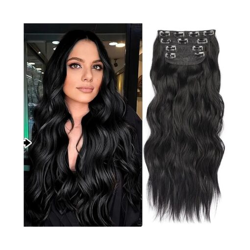 20inch Black Hair Extension for Women 4PCS Thick Hairpieces Natural Synthetic Clip in Hair Extension Double Weft Long Wavy Hair Extensions Clip Ins Hairpicecs ( 20INCH, 1B )