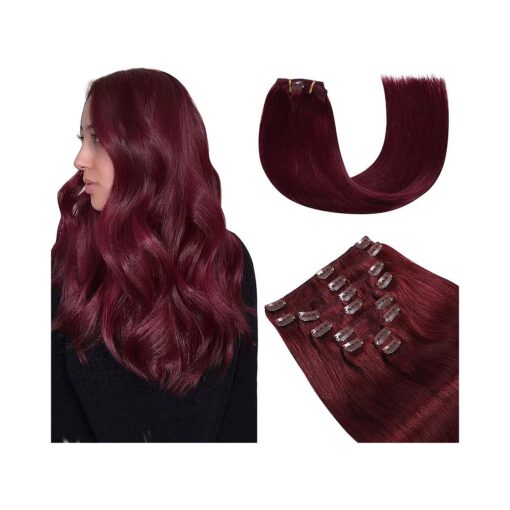 YILITE Hair Extensions Clip in Human Hair 8Pcs 120Gram/Pack Burgundy Silky Remy Human Hair Double Weft Straight Real Hair Extensions Clip ins Thick ( 18inches # 99J Burgundy )