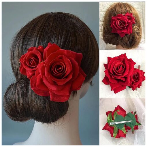 Flower Hair Combs, Rose Flower Bohemia Hairpin Bride Hanfu Costume Hair Decor for Party Wedding Red ( 1pc )