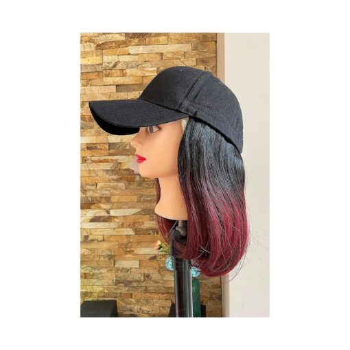 20" 22" 25" Long Synthetic Straight Wavy Curly Ombre Hooded Hat Hair Extensions Baseball Cap Wig for Women ( 12" Straight +Black Cap, Black + plum red )