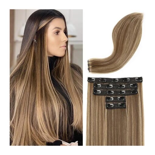 REECHO Clip in Hair Extensions, Hair Extensions Thick Long Lace Weft Lightweight Synthetic Hairpieces for Women ( 24 Inch-240 Gram ( Pack of 5 ), Chocolate Brown with Golden Blonde Highlights )